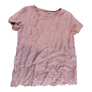 Lina Tomei blouse sz Large linen pink rose embroidered hem Italy